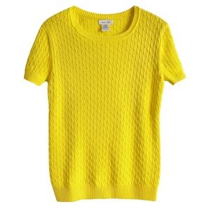 New Kate Hill Cotton Cable Knit Short Sleeve Sweater Yellow Preppy Resort Top M